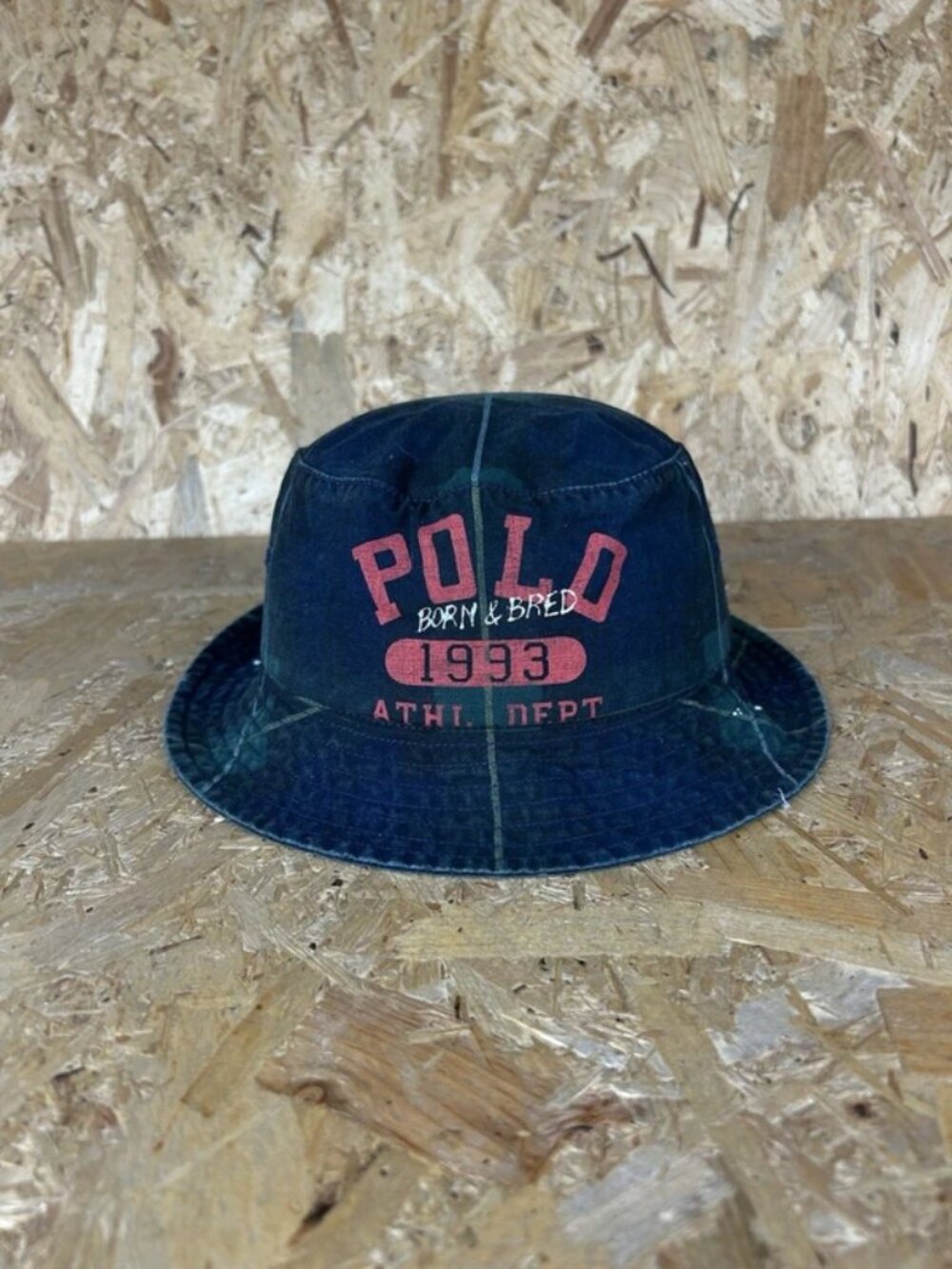 Ralph Lauren Polo Bucket Hat Sun 1993 Born & Bread Tartan Splatter Navy Green